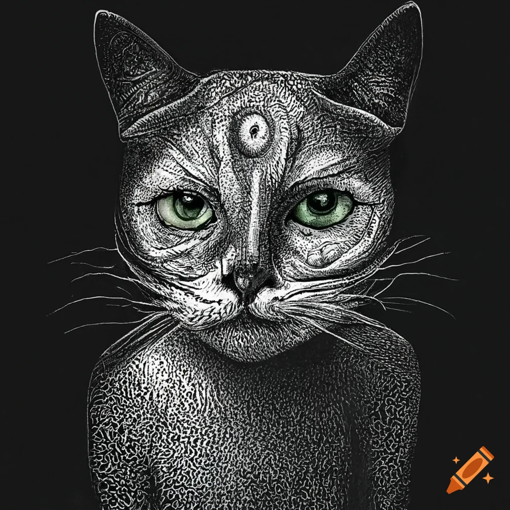 Junji Ito inspired art with a black cat clawing a door in a morbid bedroom scene