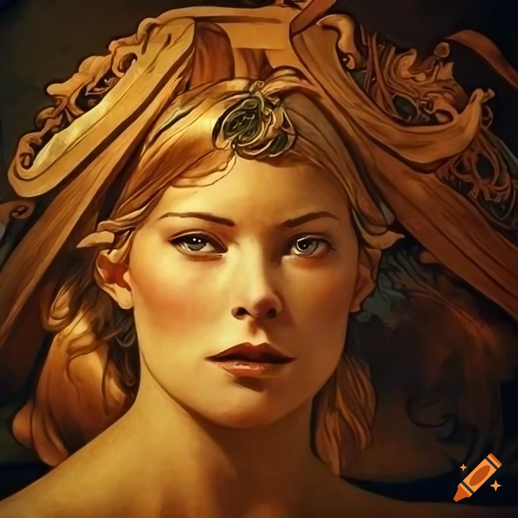 Stave carving with deep lighting inspired by Boris Vallejo, Alphonse Mucha, Escher, Vermeer, Beatrix Potter