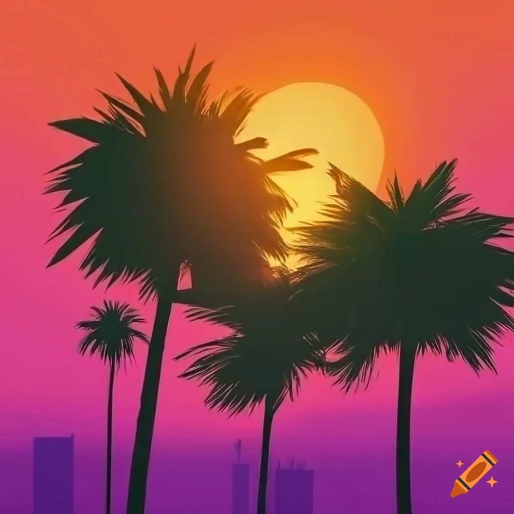 Retro-futuristic cityscape at sunset with palm trees
