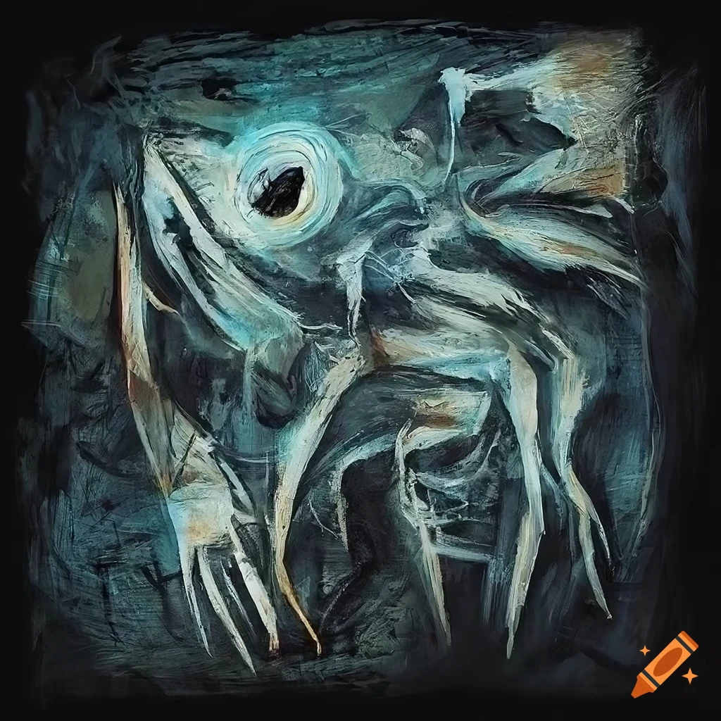Abstract expressionistic painting of biomechanical creatures