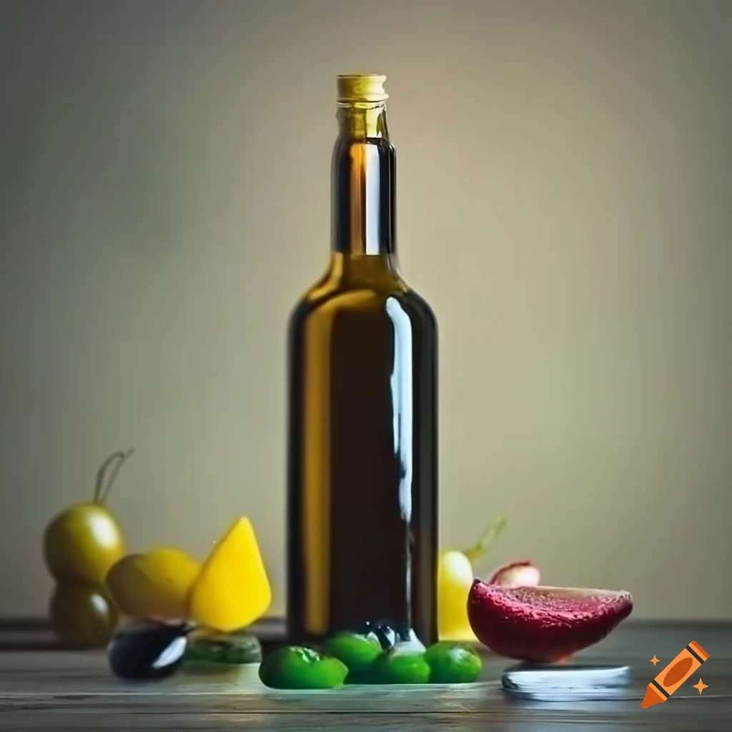 Olive oil photoshoot with glass bottles on a rustic table with fresh fruits and herbs