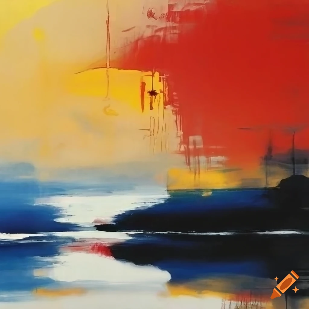 Abstract art piece with influences by Yoshitaka Amano and Zao Wou-Ki, showcasing red, black, yellow, blue, and white colors