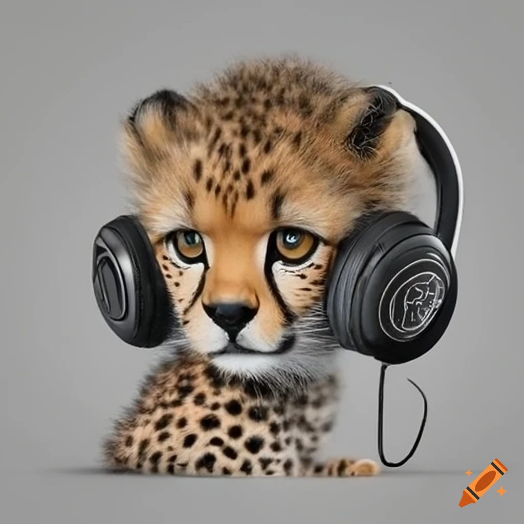 Baby cheetah wearing headphones
