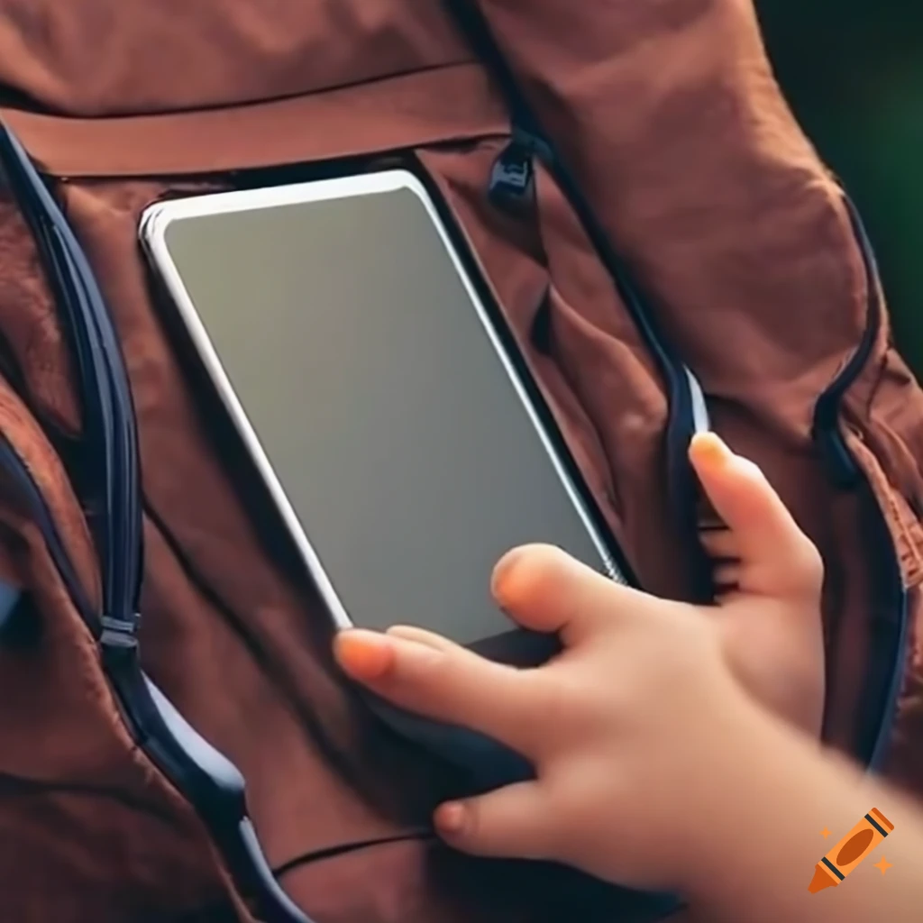Child putting phone in backpack