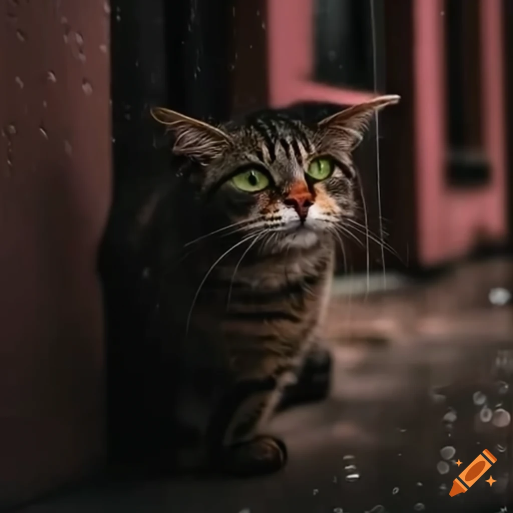 Cat hiding from the rain around a building corner