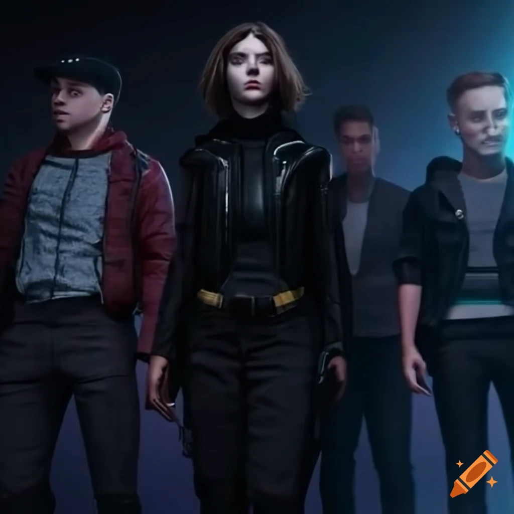 Sci-fi girl Thomasin McKenzie with group at a futuristic nightclub
