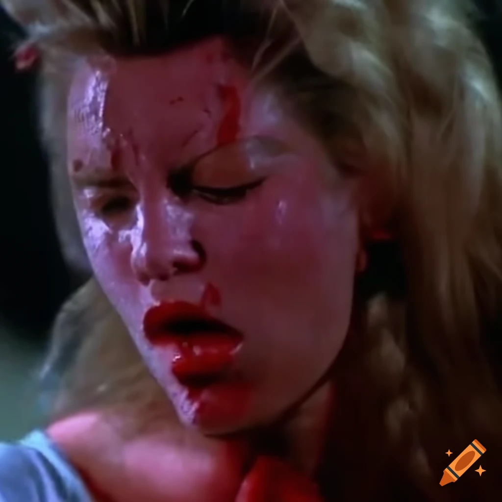 Expressive closeup of a female fighter from an 80's movie