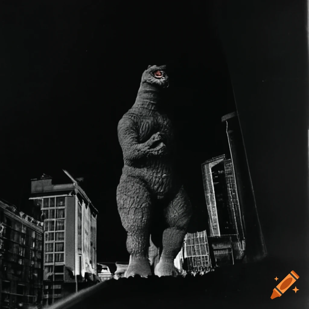 Godzilla in a city from a 1950s perspective