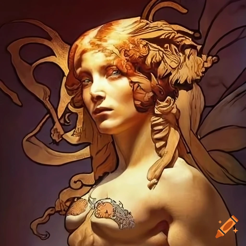 Stave carving with deep lighting inspired by Boris Vallejo, Alphonse Mucha, Escher, and Vermeer
