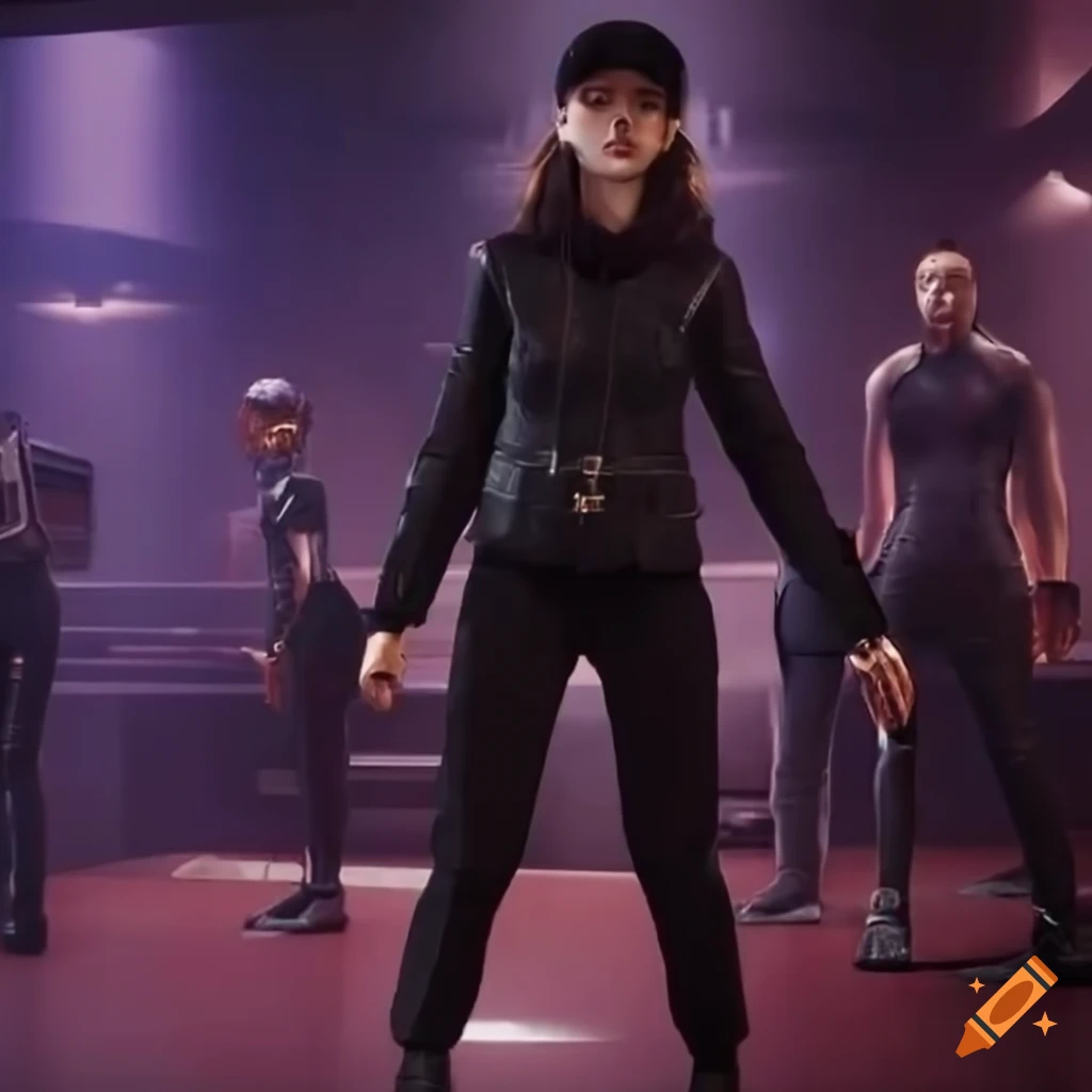 Thomasin McKenzie as a sci-fi girl in a futuristic nightclub with men