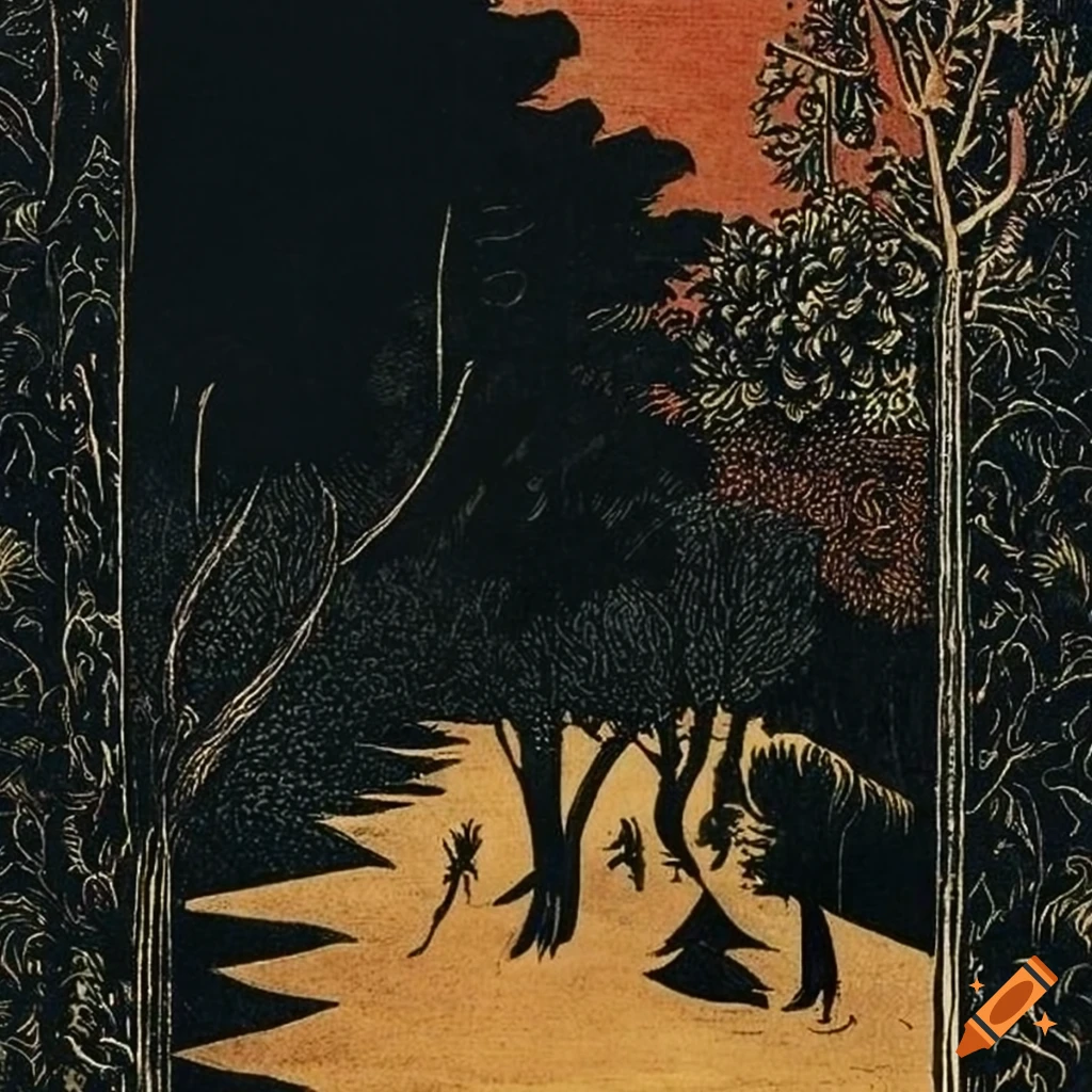 Japanese landscape woodcut illustration by Aubrey Beardsley