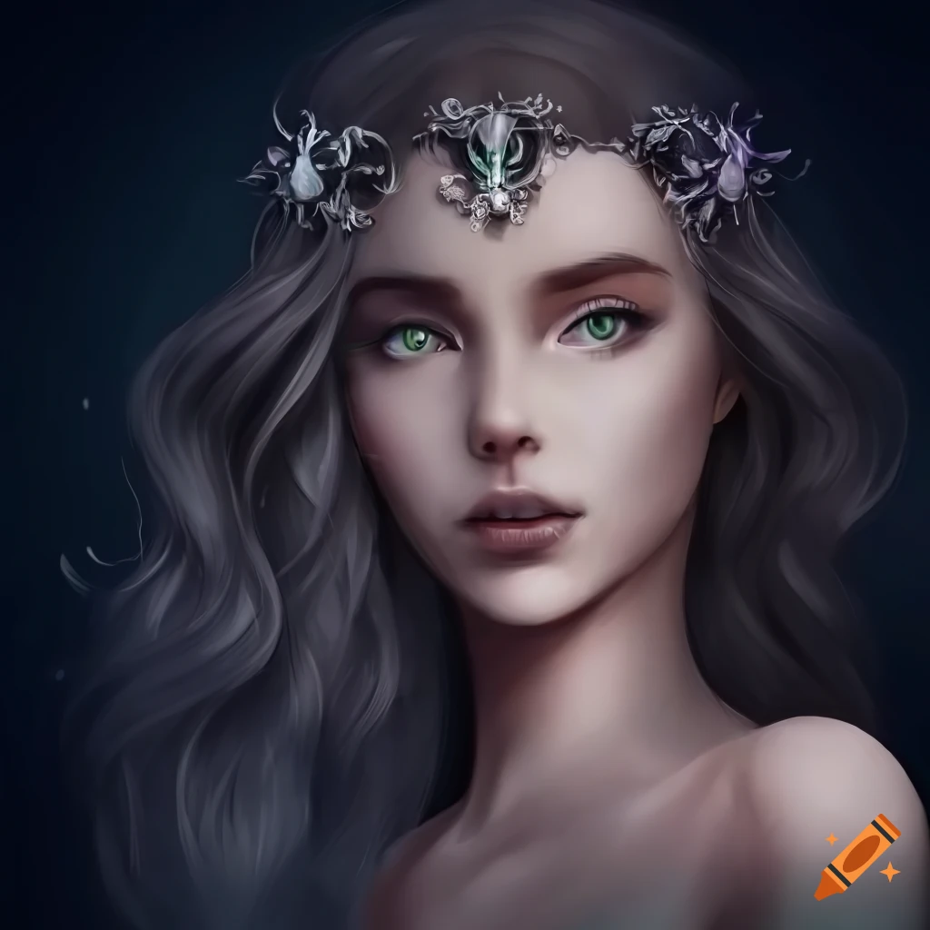Moon Goddess with brown hair and green eyes wearing a silver crown in a natural setting
