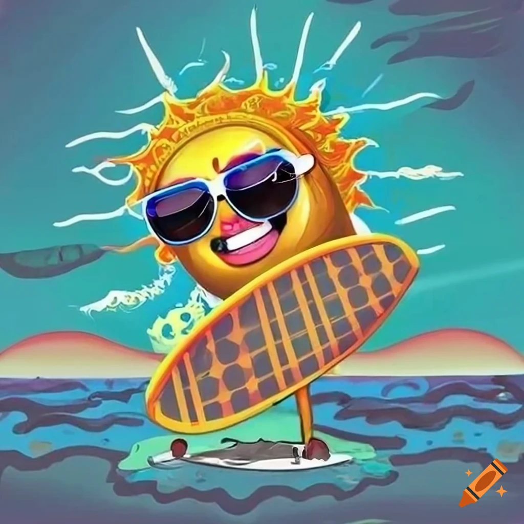 Friendly cartoon sun with sunglasses holding a solar panel surfboard at the beach