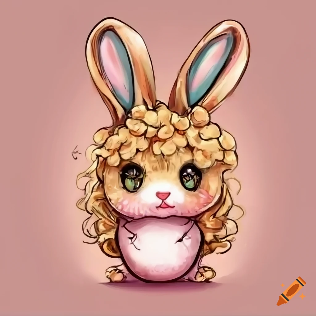 Adorable bunny rabbit with long golden curly hair and green eyes