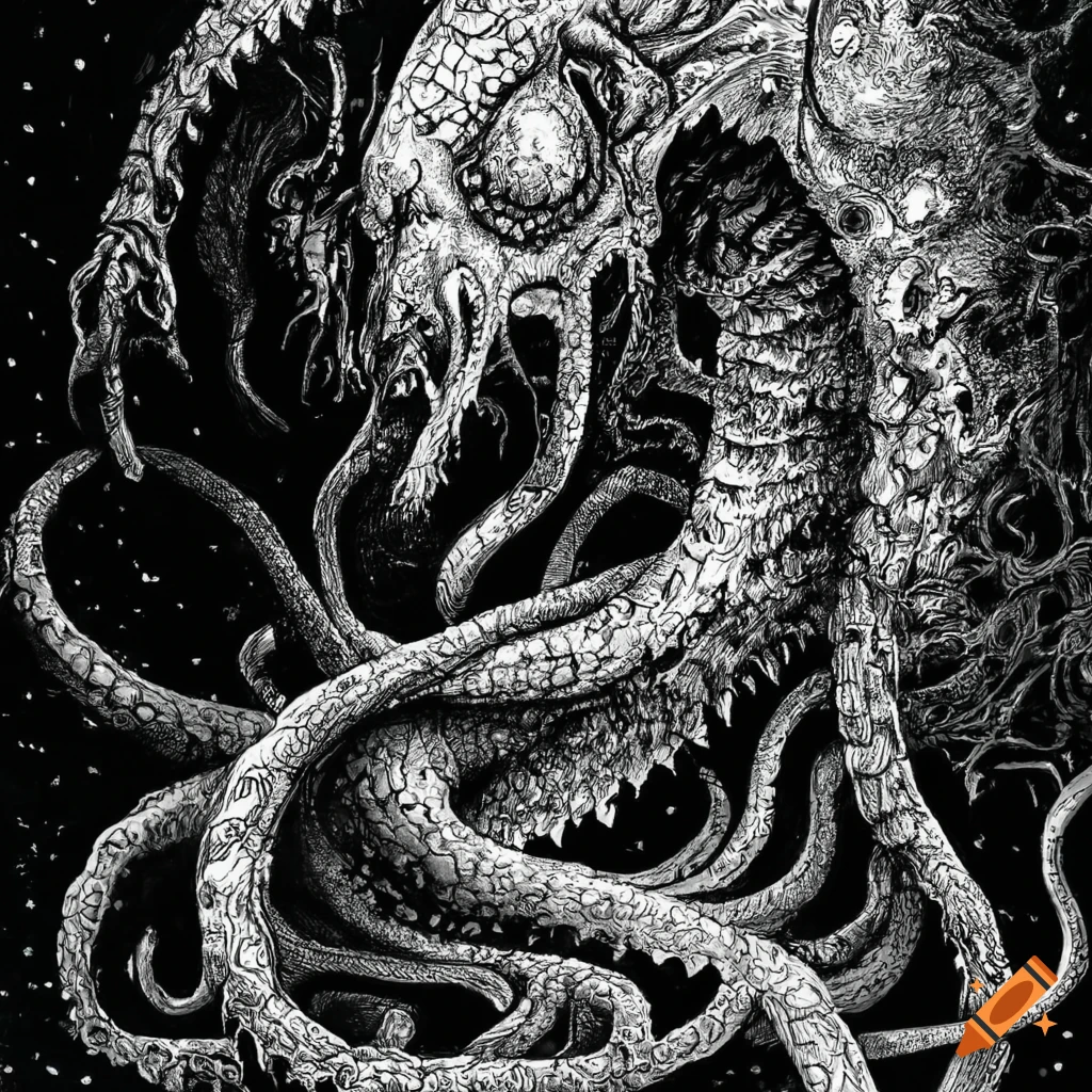 Lovecraftian creature in monochrome ink drawing