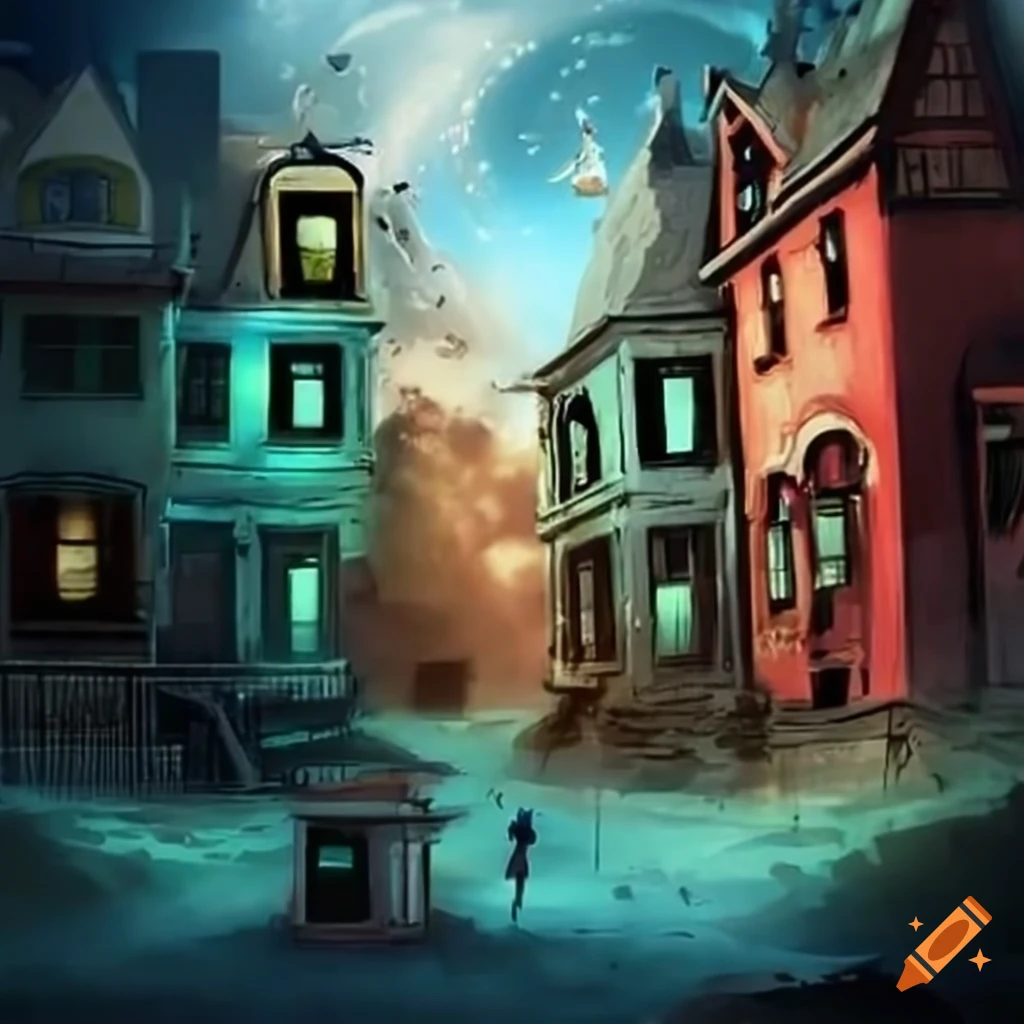 Evil neighborhood juxtaposed with a bubble of happiness