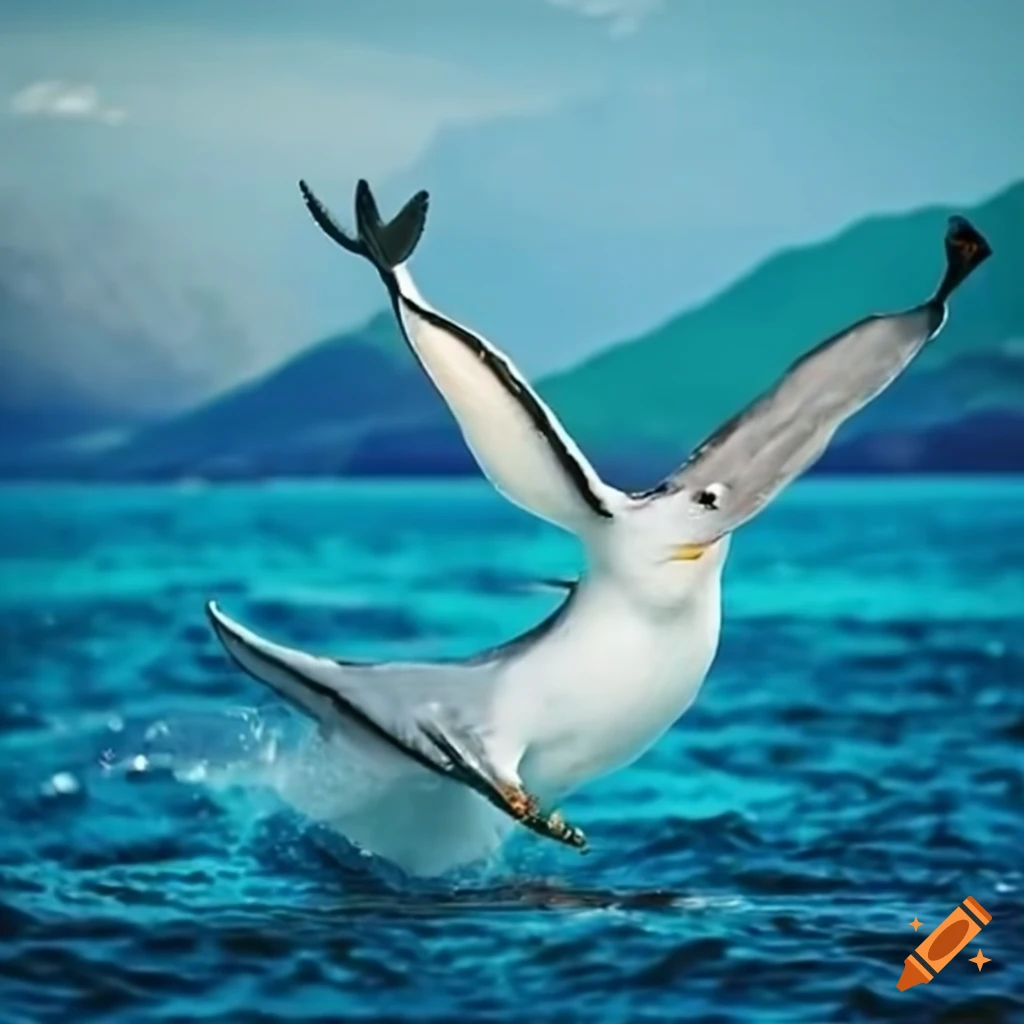 Flying whale chasing swimming bird
