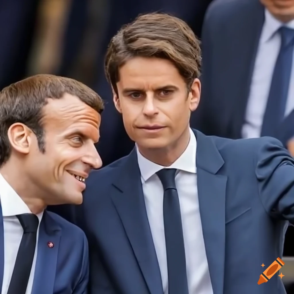 Gabriel Attal and Emmanuel Macron as princes with a French flag in the background