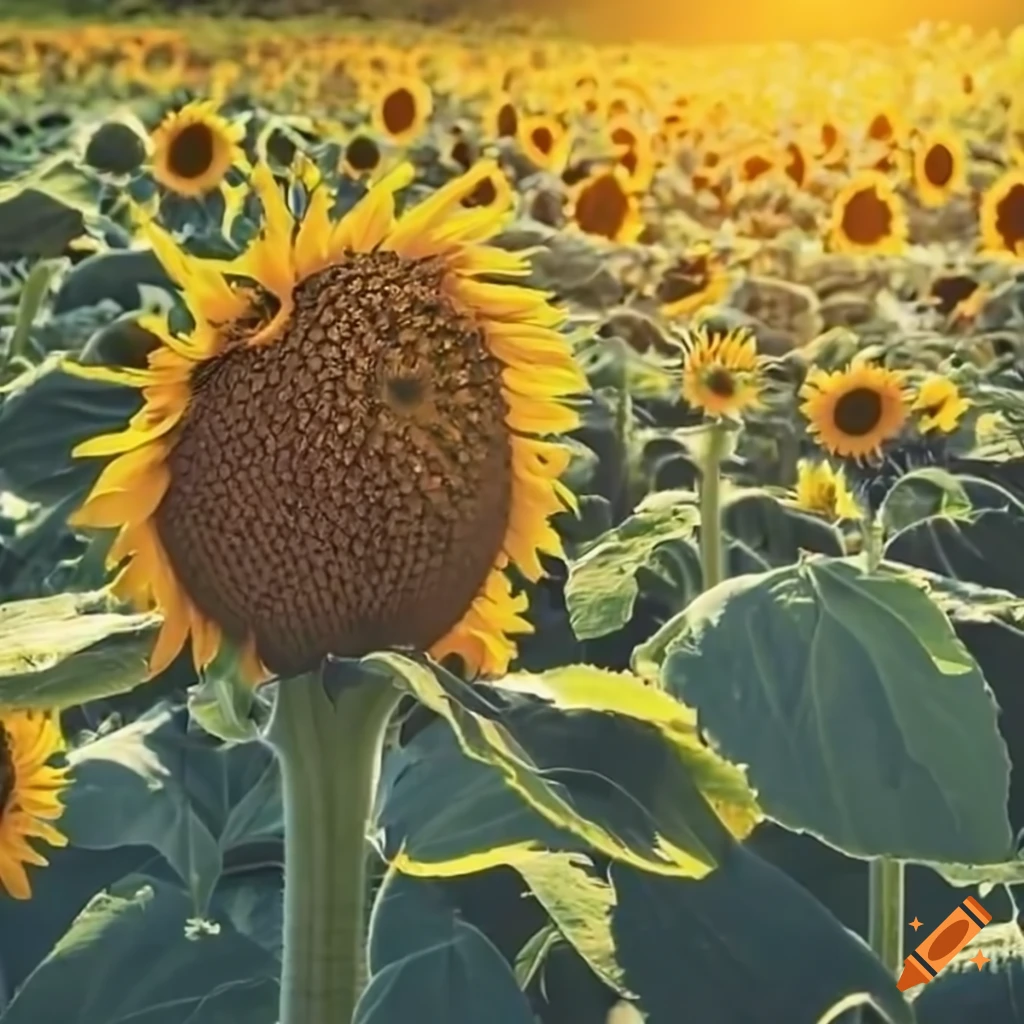 Rows of sunflowers with the sun shining in the background on Craiyon