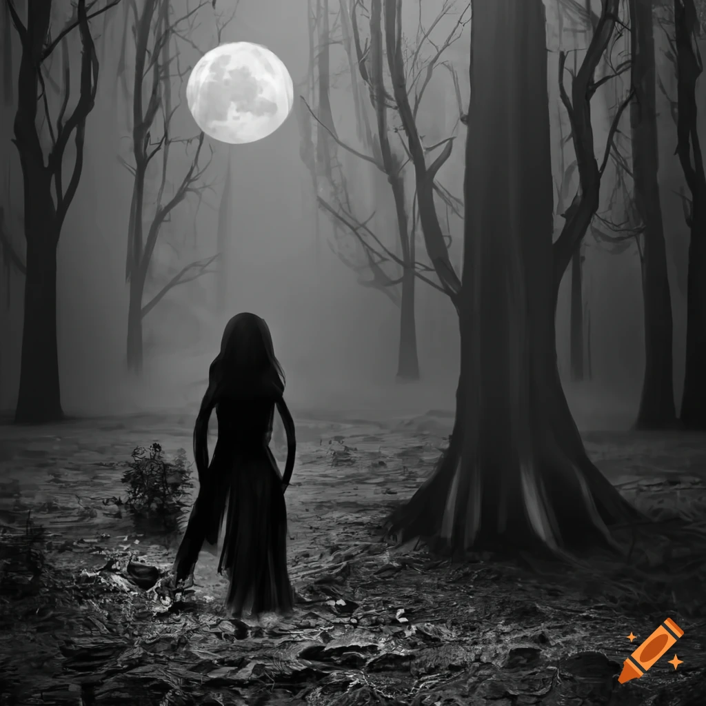 Hauntingly beautiful forest scene with vampire girl under a glowing moon in black and white