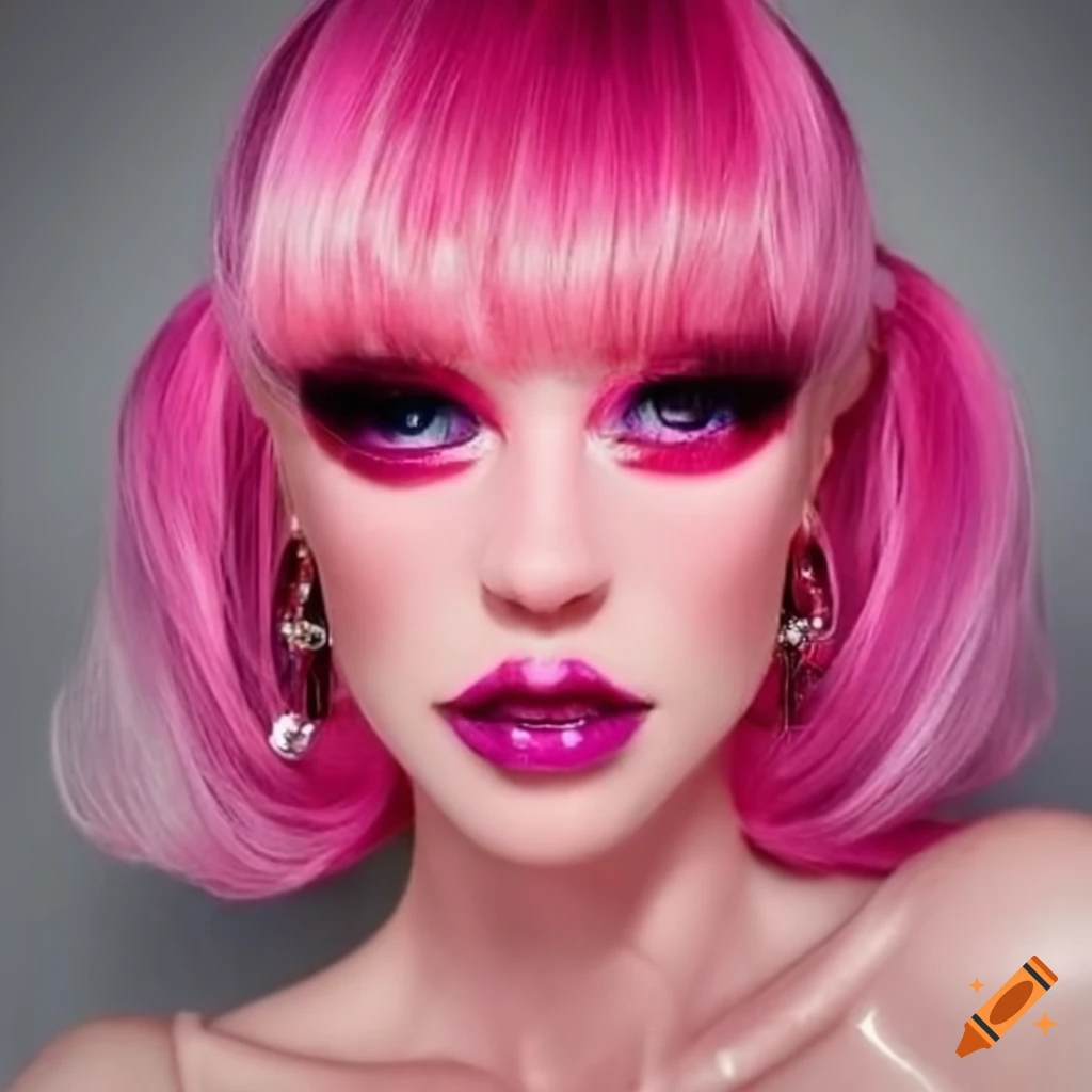 Person with pink hair, over-the-top makeup, and earrings