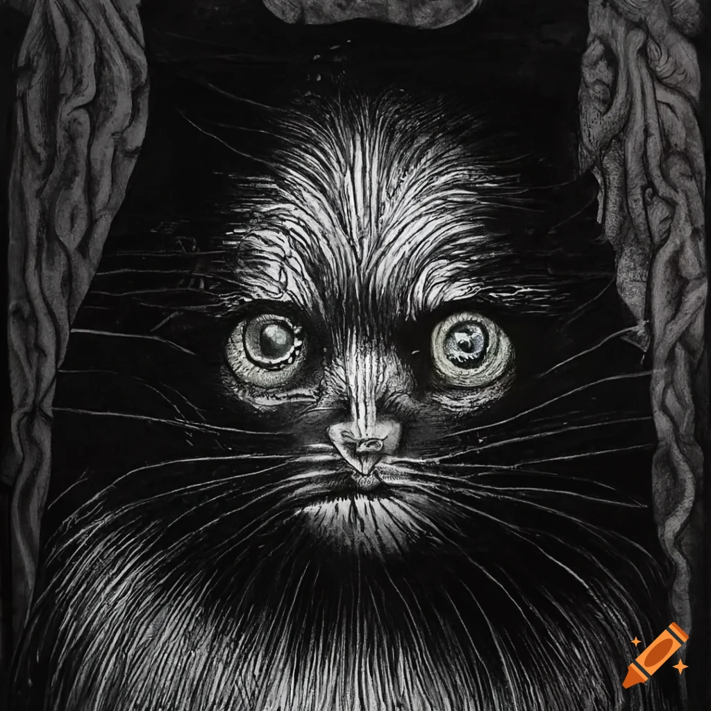 Junji Ito inspired art with a black cat clawing a door in a morbid bedroom scene