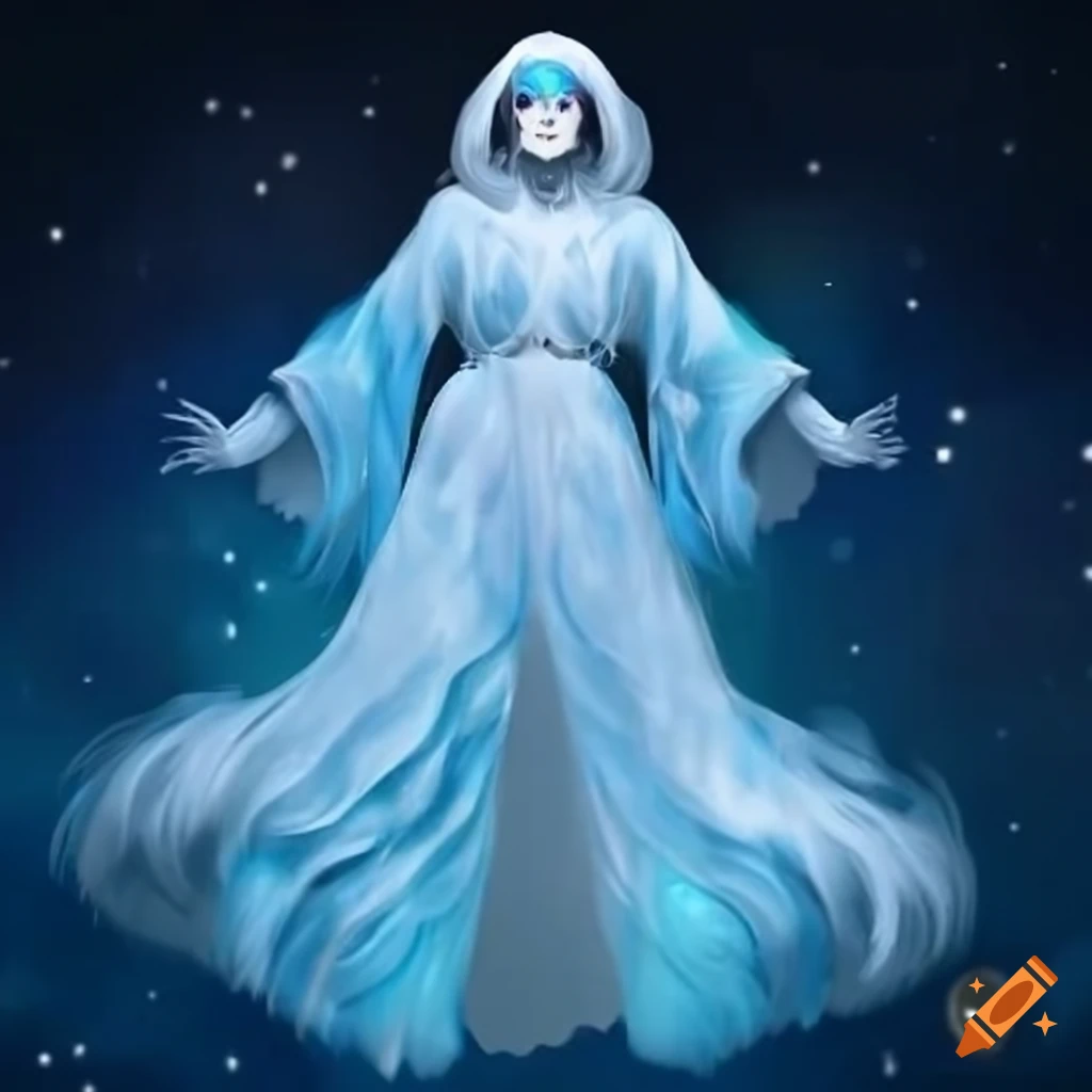 Mystical androgynous winter mana spirit in light blue and white attire