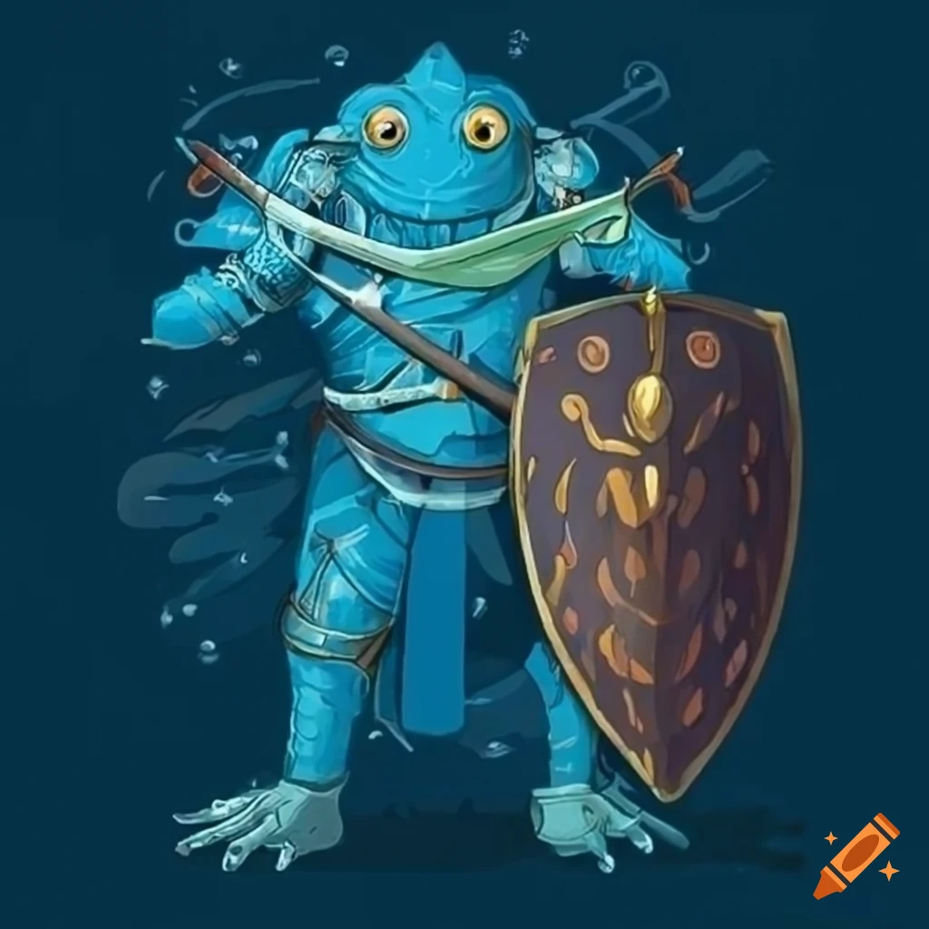 Blue frog knight in spiked armor with a great sword in a fantasy setting