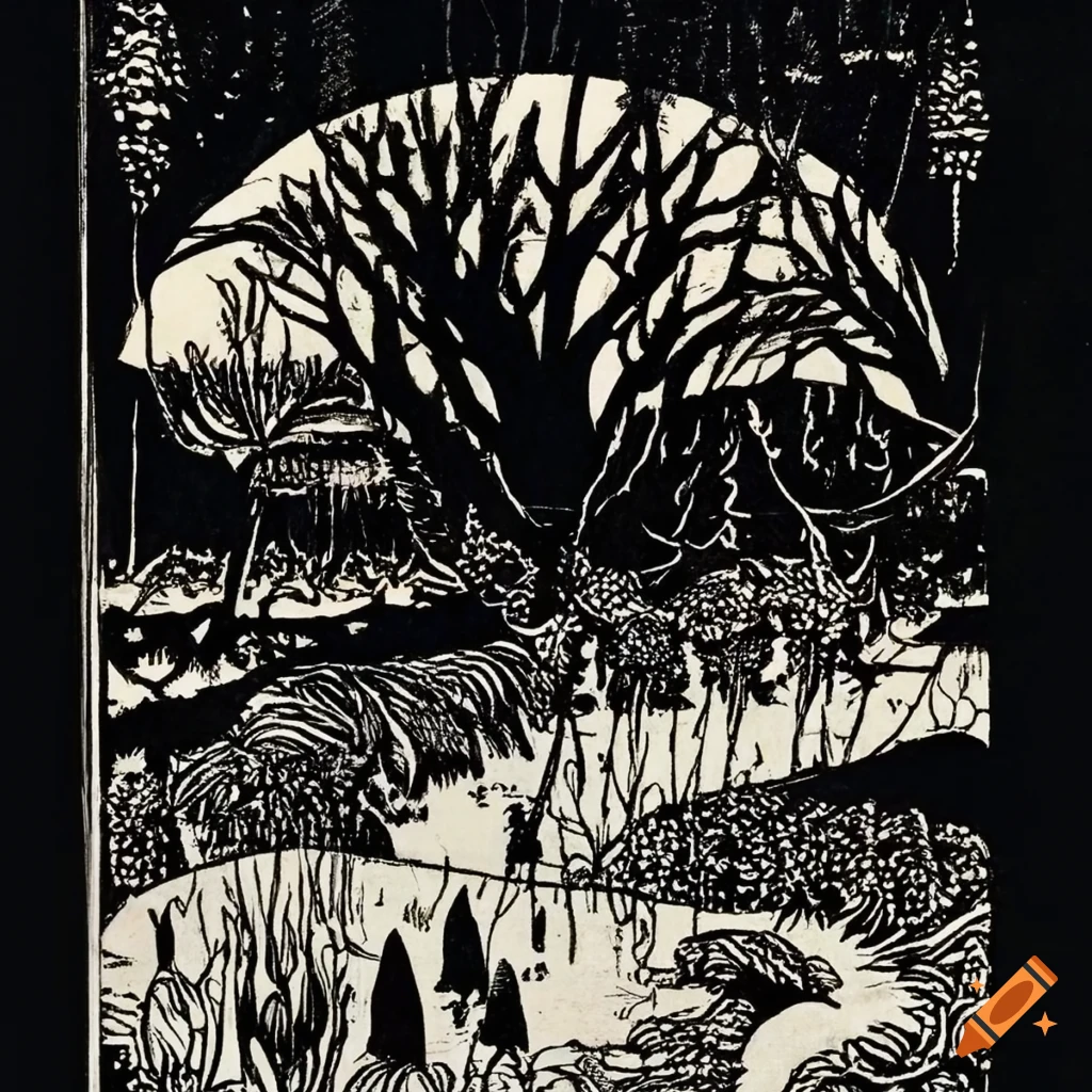 Japanese landscape woodcut illustration by Aubrey Beardsley