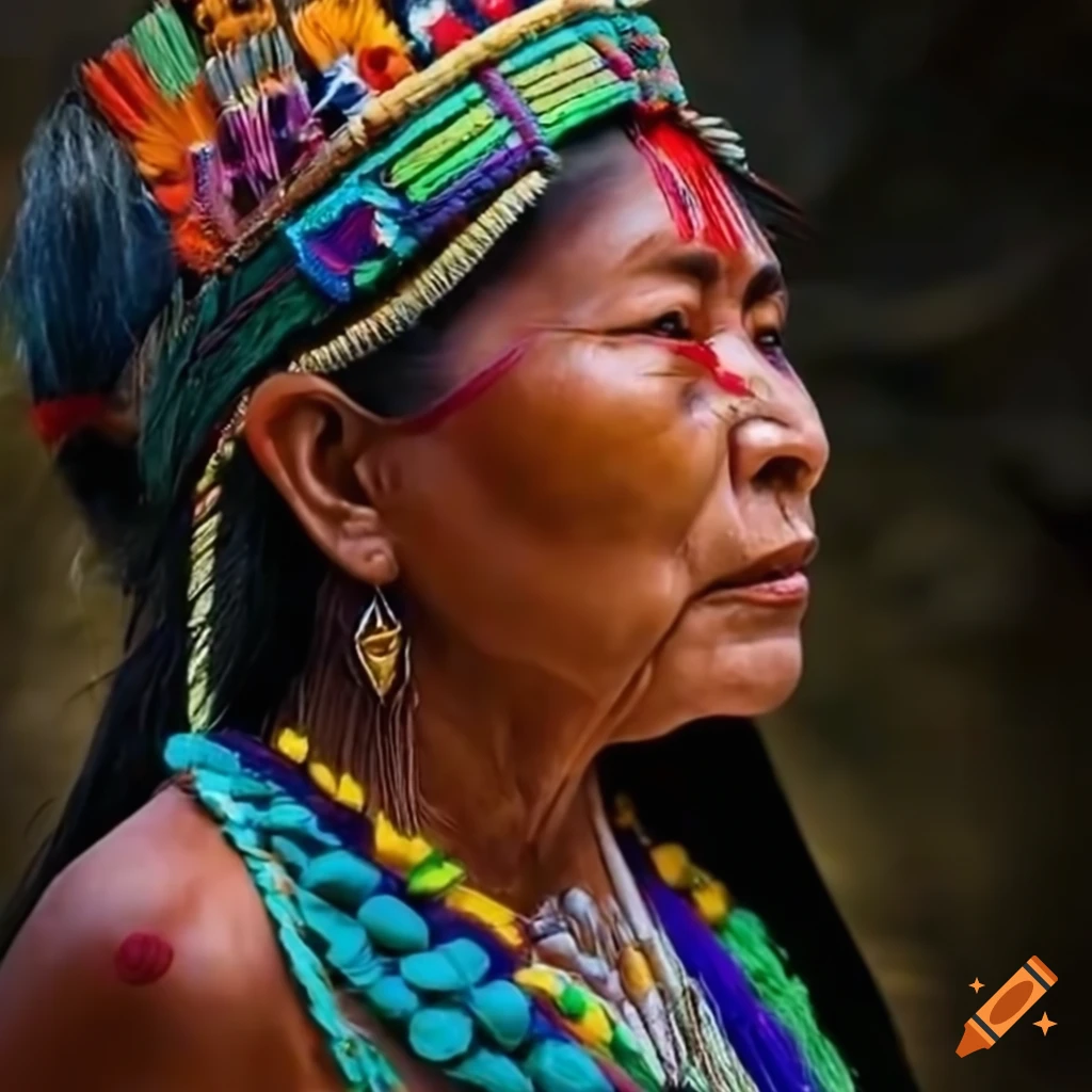 Confident indigenous woman with traditional attire and intricate beads in front of dramatic mountain range