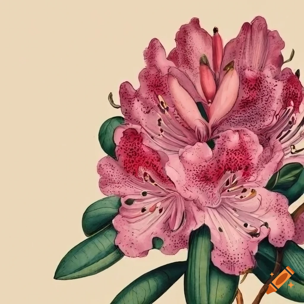 Rhododendron branch on ecru background resembling a page from a plant atlas