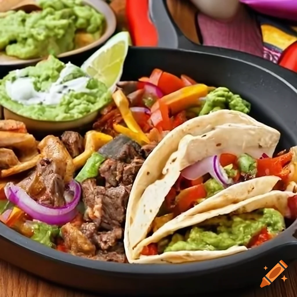 Delicious sizzling fajitas on a hot skillet with grilled chicken, beef, and vegetables