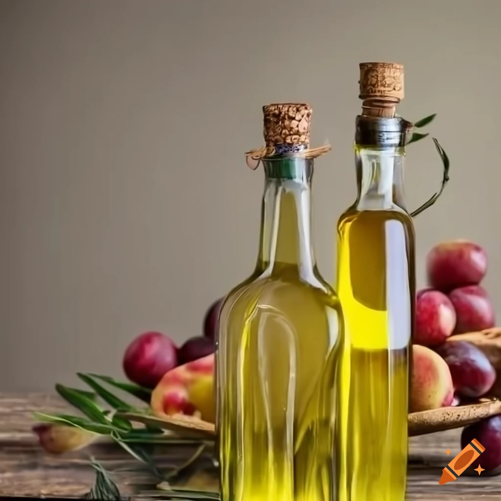 Olive oil photoshoot with glass bottles on a rustic table with fresh fruits and herbs