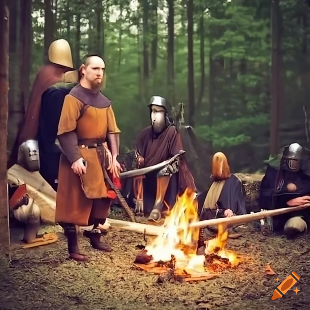 Medieval bandit camp with weapons and campfires