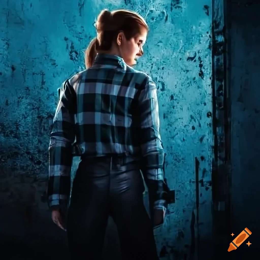 Young woman in plaid shirt and black trousers peeking through a door in a derelict building