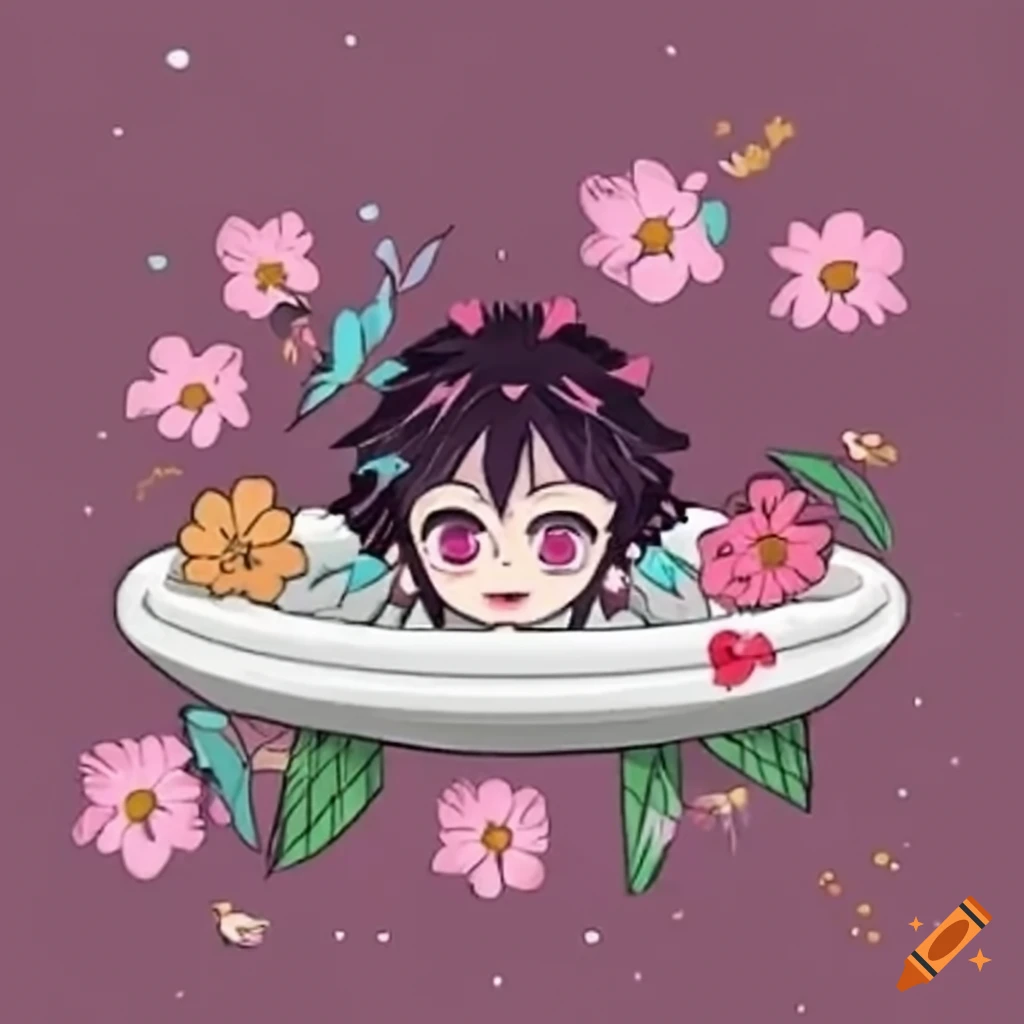 Muichiro Tokito from Demon Slayer in a flower-filled bath