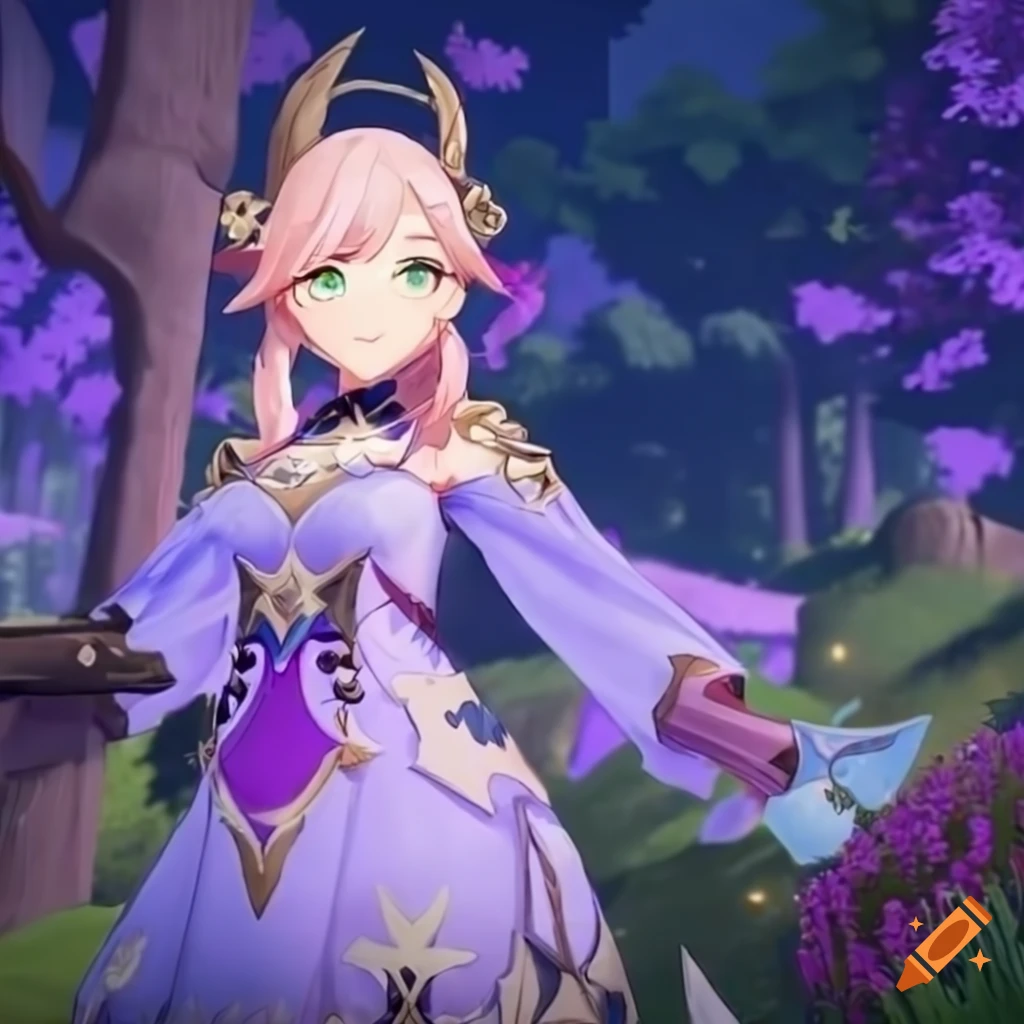 Genshin Impact character Emilie in a lavender dress and pink boots in a magical forest