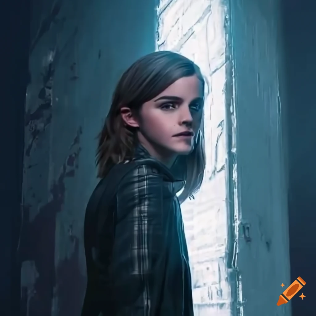 Young woman in plaid shirt and black trousers peeking through a door in a derelict building