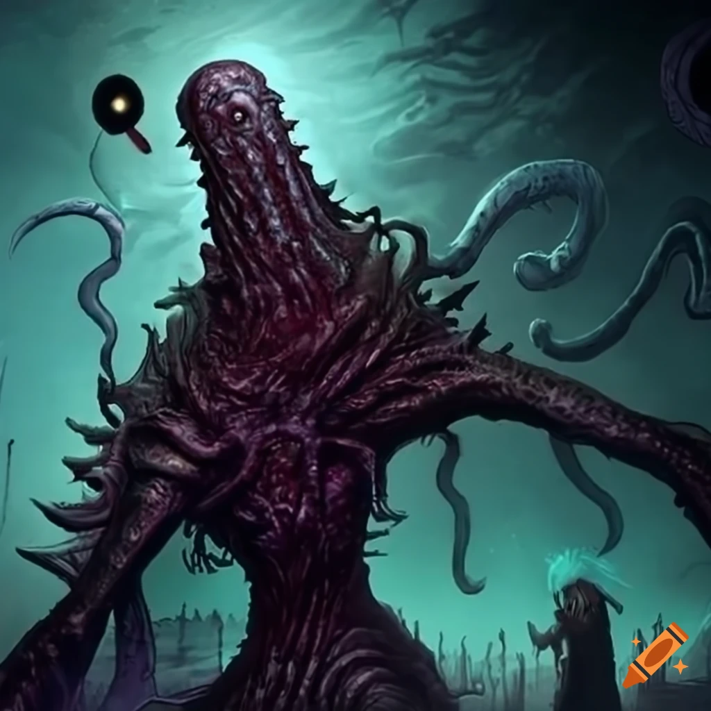 Lovecraftian horror emerging from the shadow realm over a battlefield