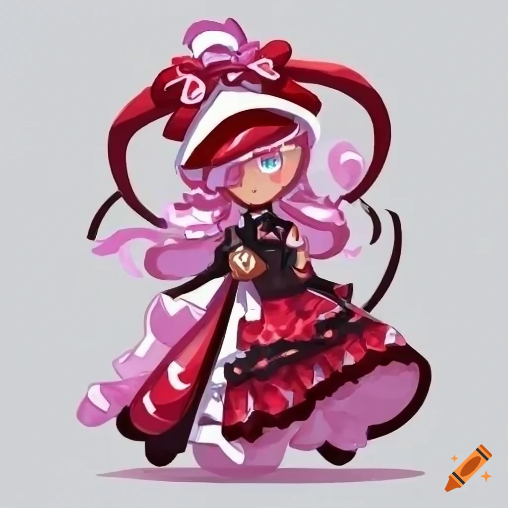 Extremely detailed cookie run kingdom character: strawberry purée cookie in gothic lolita style