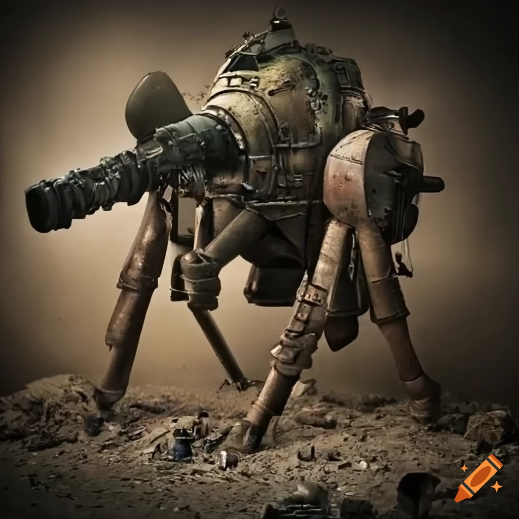 Dieselpunk war walker with four legs in WW1 trench