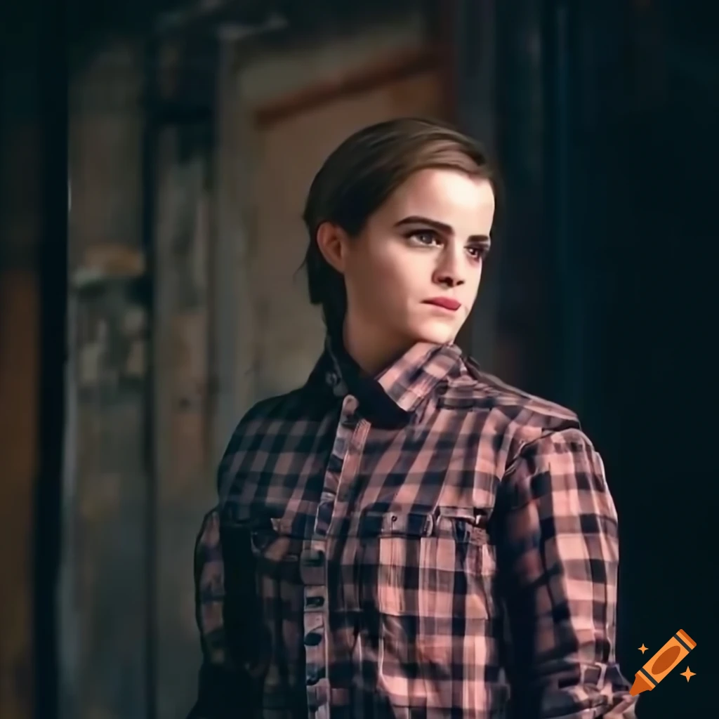 Young woman in plaid shirt and black trousers peeking through a door in a derelict building