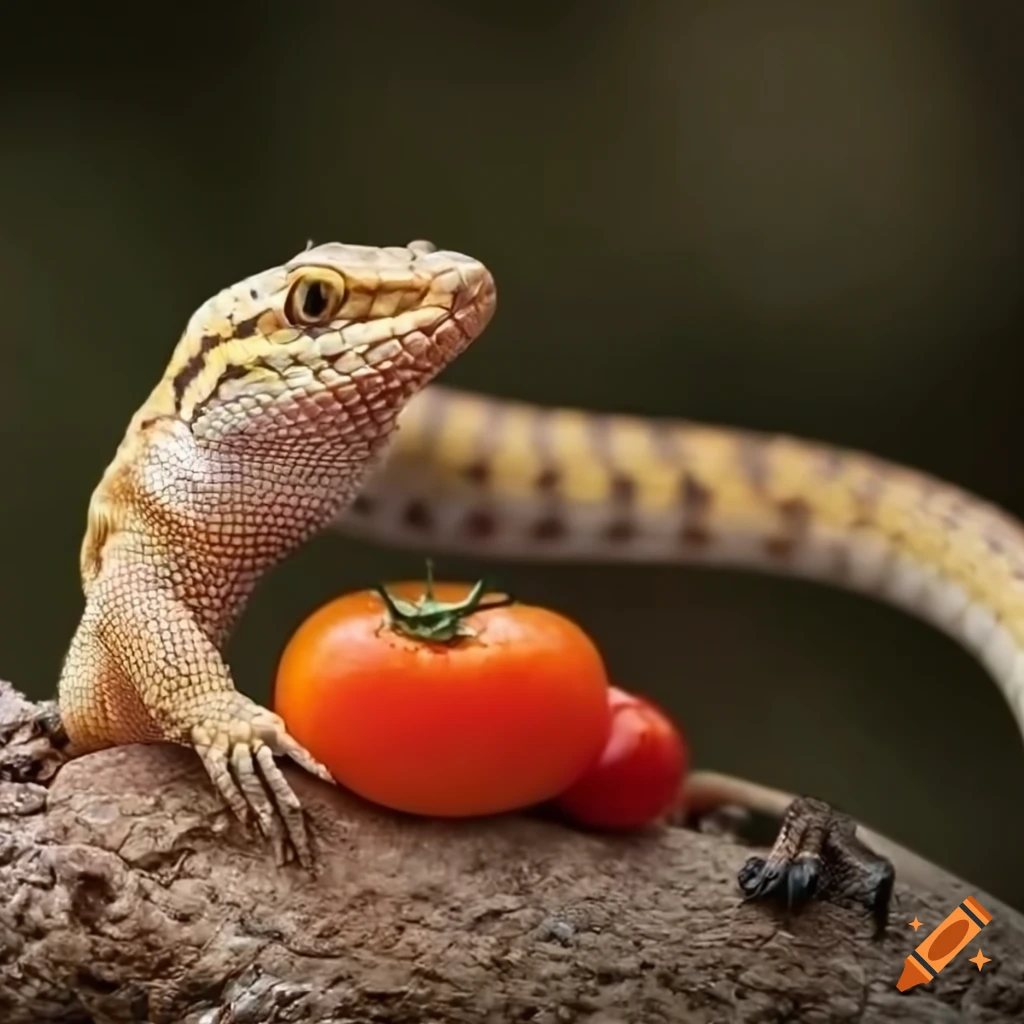 Rattlesnakelike lizard eating a small tomato on Craiyon