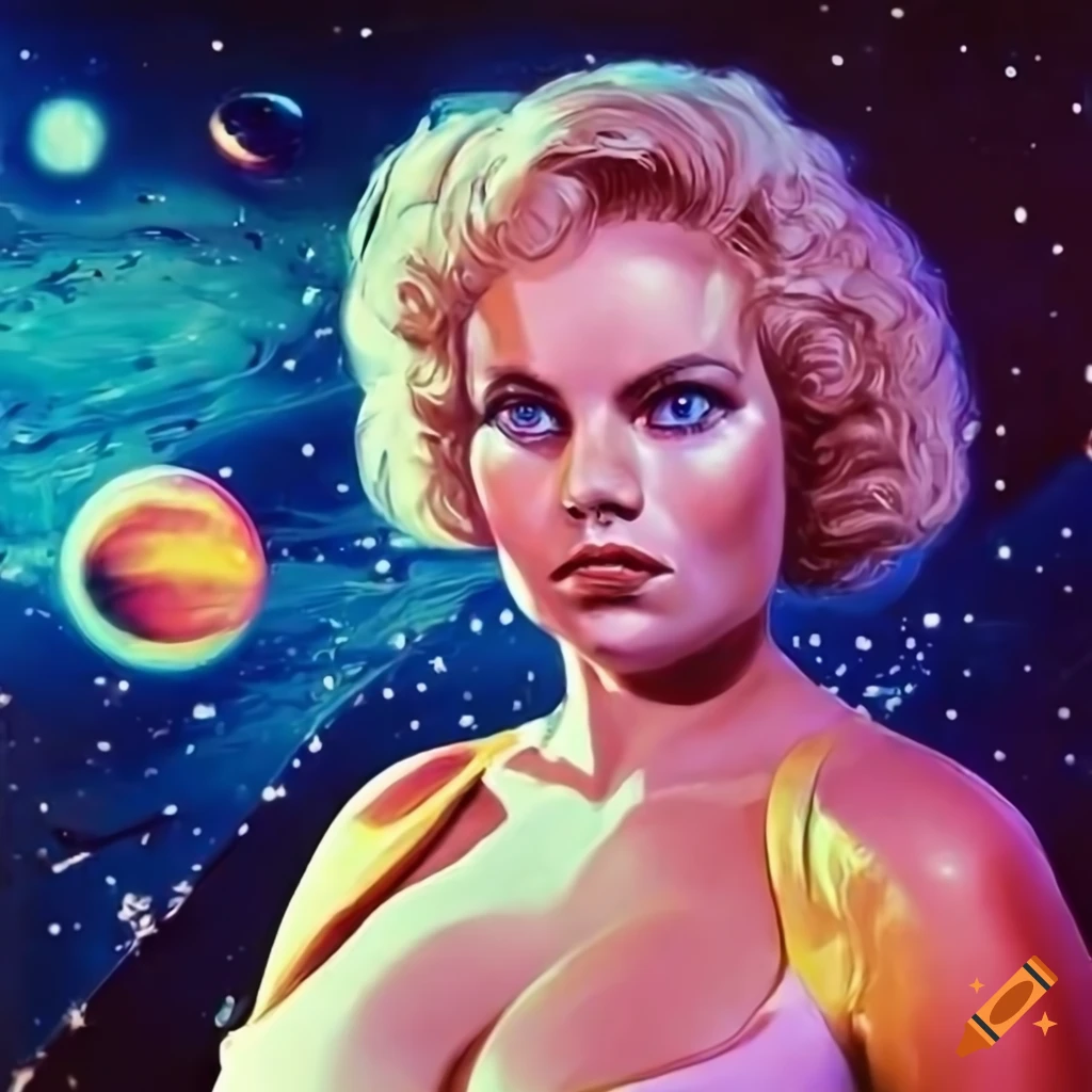 Sci-fi 1970s blonde woman in retro-futuristic spaceport station with robots and aliens