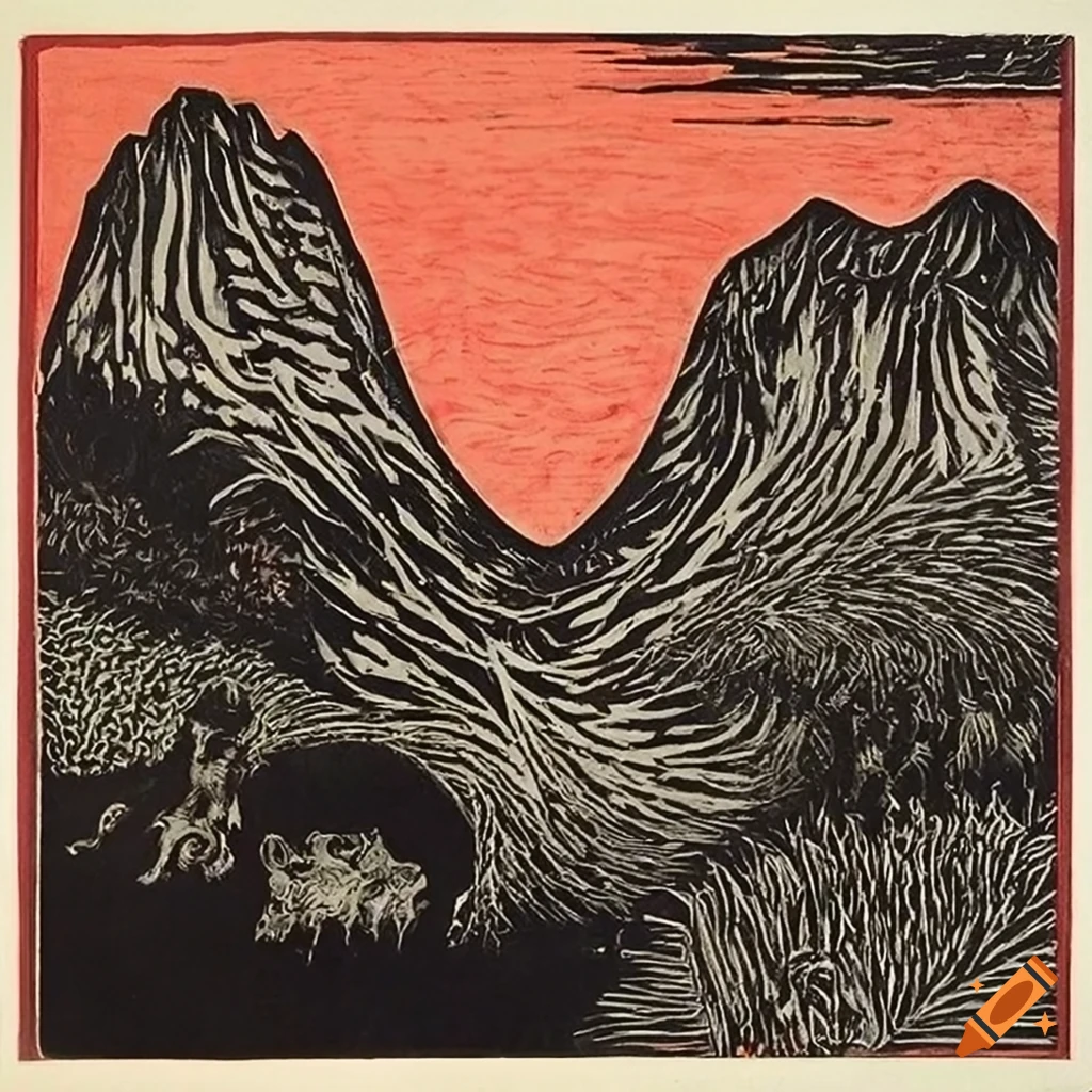 The Demons of Eden jungle scene with animal-human hybrids and fantasy creatures in woodcut style