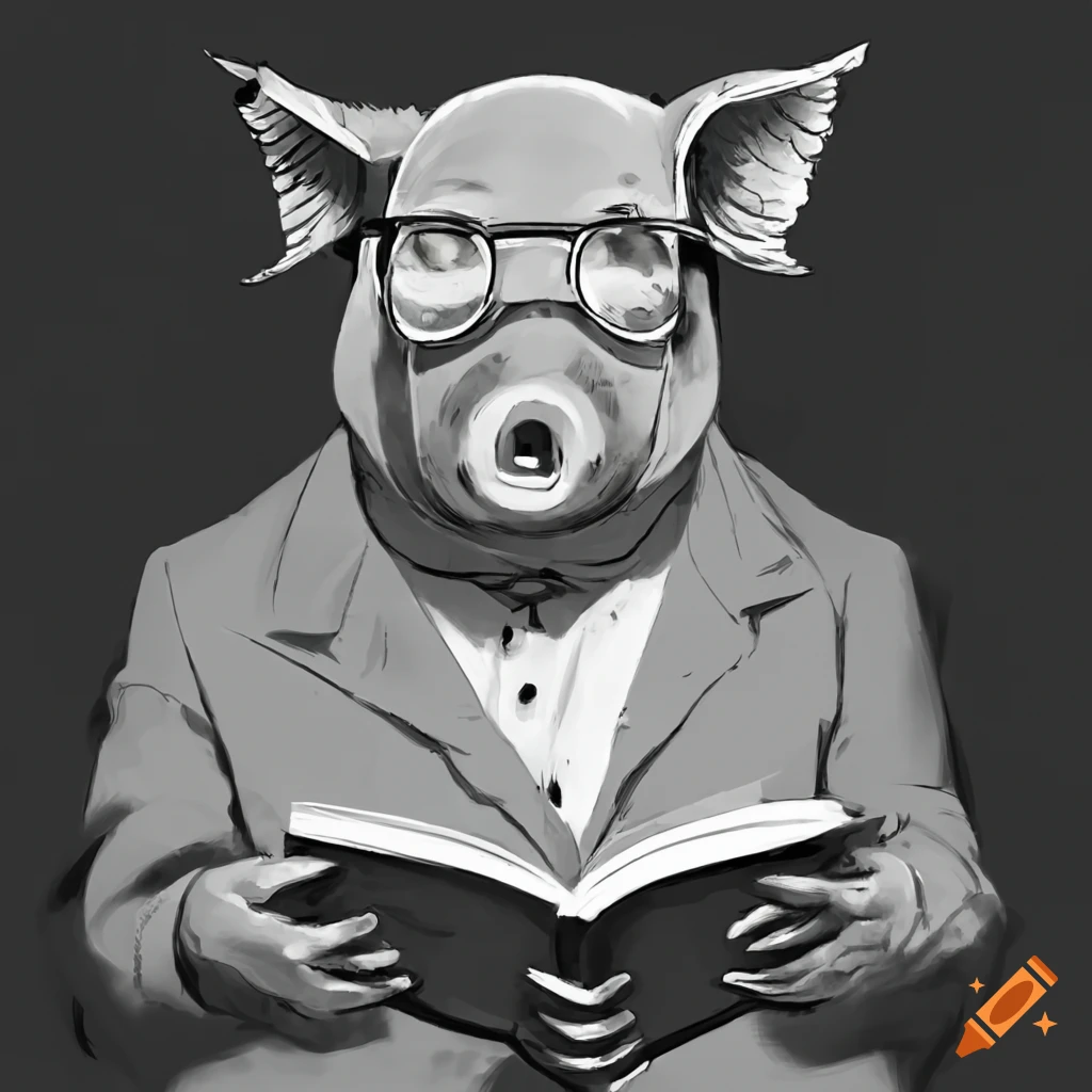 Intelligent pig wearing glasses and reading a book