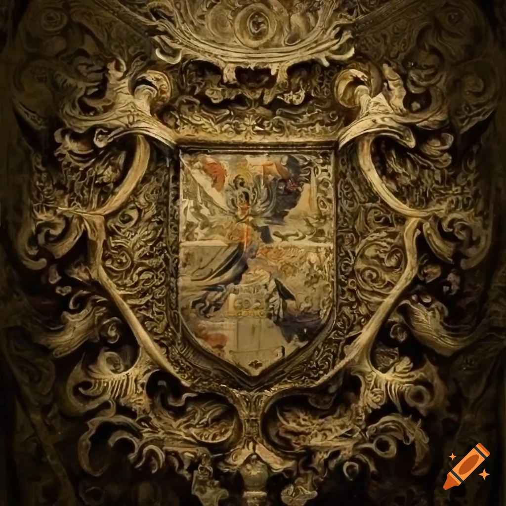 Intricately illustrated coat of arms on antique wallpaper background