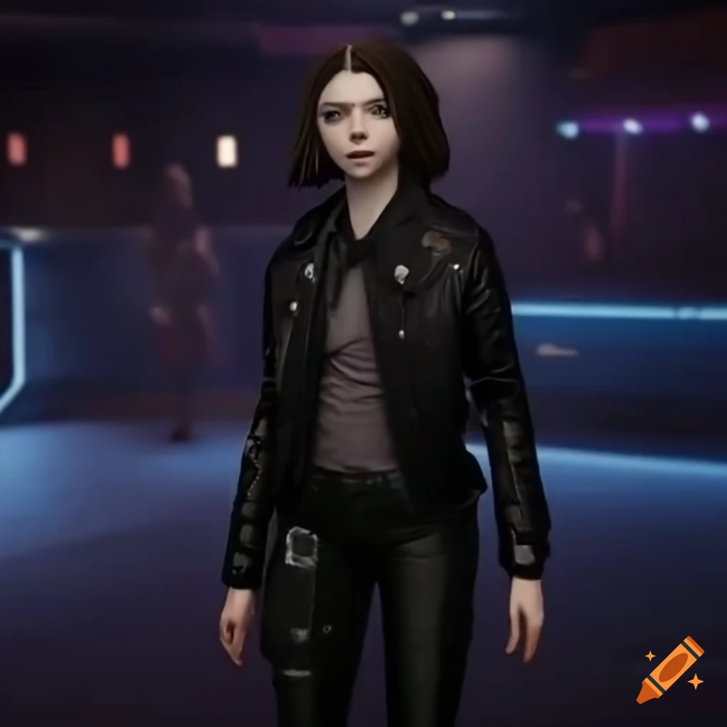 Sci-fi girl in black attire at a futuristic nightclub