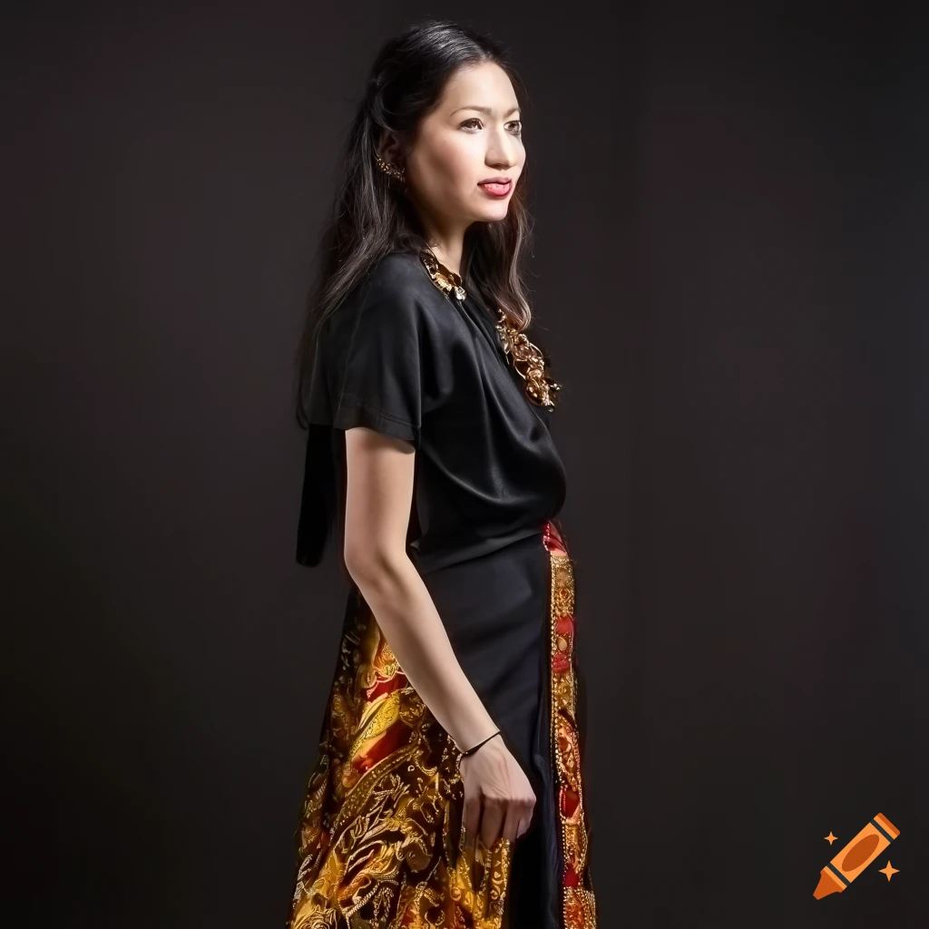 Woman in stylish wide oriental pants and black shirt in a studio setting