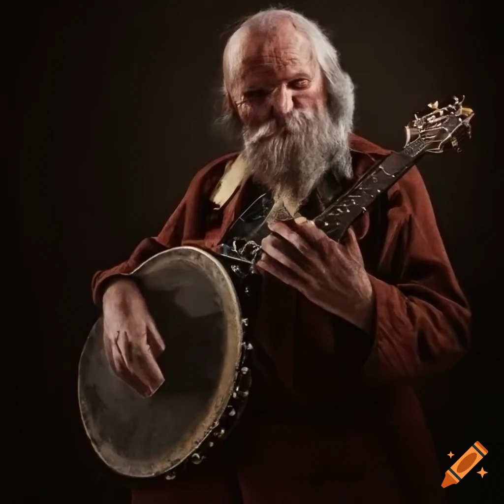 Old prospector with a banjo on an album cover
